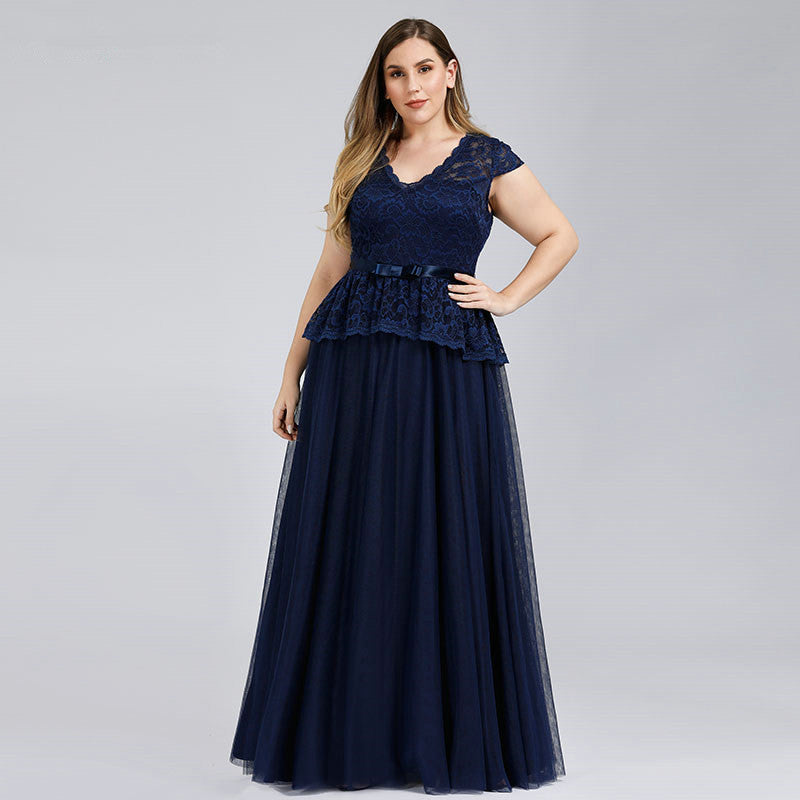 V-Neck Lace Plus Size Dress ¨C Navy Blue Online-BallBride