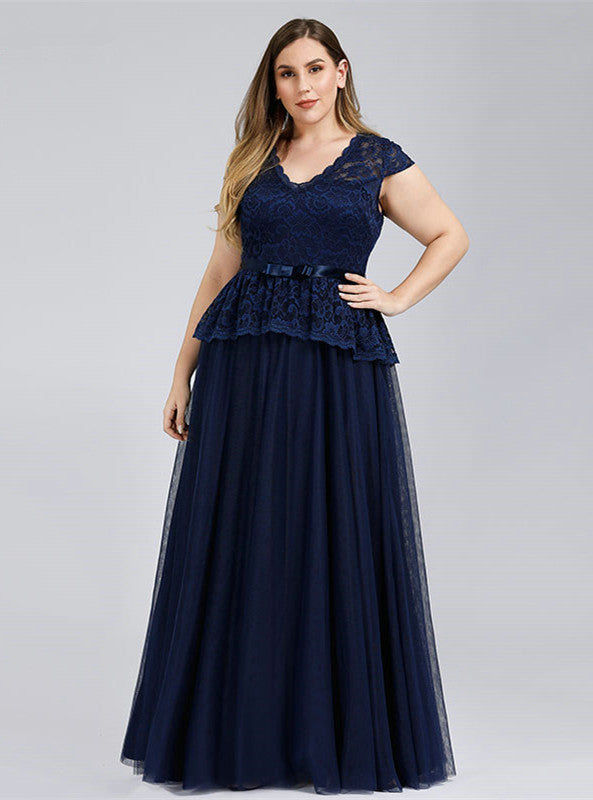 V-Neck Lace Plus Size Dress ¨C Navy Blue Online-BallBride