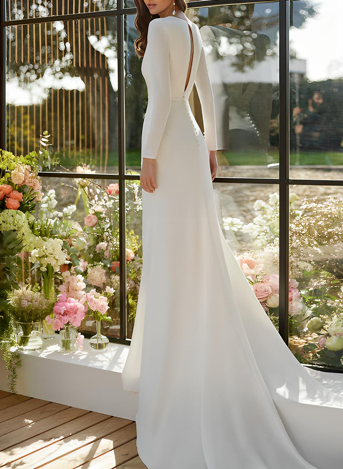 V-Neck Long Sleeves Court Train Elastic Satin Wedding Dresses Split Front-Ballbride