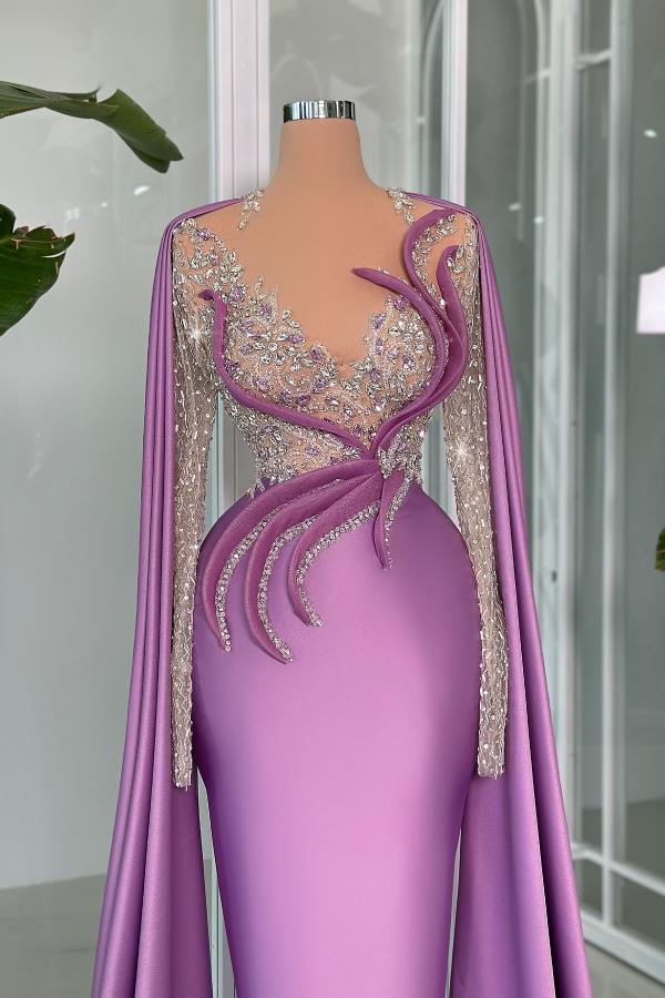 V Neck Long Sleeves Mermaid Satin Floor Length Prom Dress with Beads and Cape-BallBride