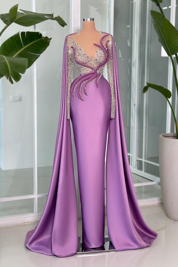 V Neck Long Sleeves Mermaid Satin Floor Length Prom Dress with Beads and Cape-BallBride