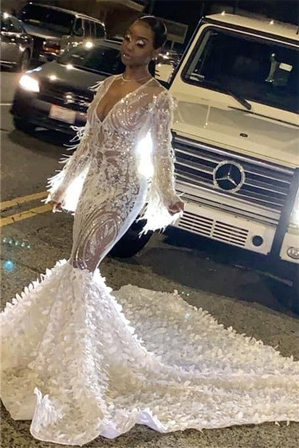 V-Neck Long Sleeves Sexy Mermaid Prom Dress with Sequins-BallBride
