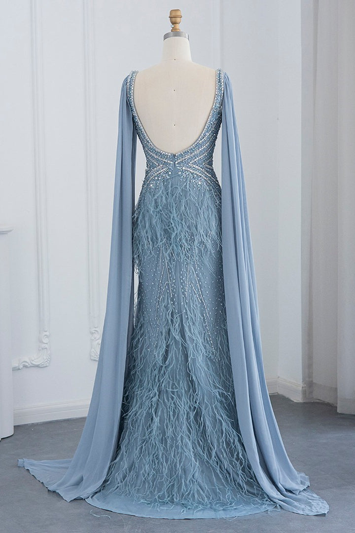 V Neck Mermaid Evening Dress with Feathers and Open Backside Split-BallBride