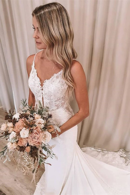 V-Neck Mermaid Lace Appliques Wedding Dress with Spaghetti-Straps and Backless Design-BallBride
