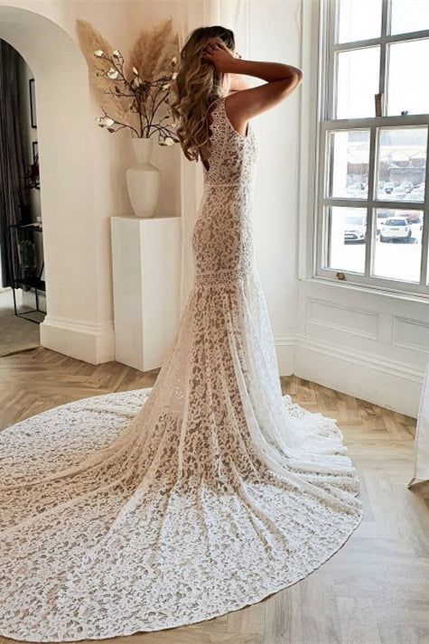 V Neck Mermaid Lace Wedding Dress with Chapel Train-BallBride