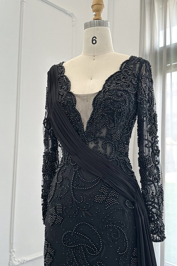 V Neck Mermaid Prom Dress with Appliques, Ruffles, and Long Sleeves - Black-BallBride