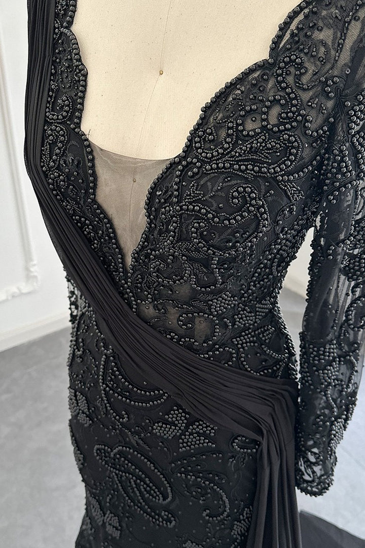 V Neck Mermaid Prom Dress with Appliques, Ruffles, and Long Sleeves - Black-BallBride