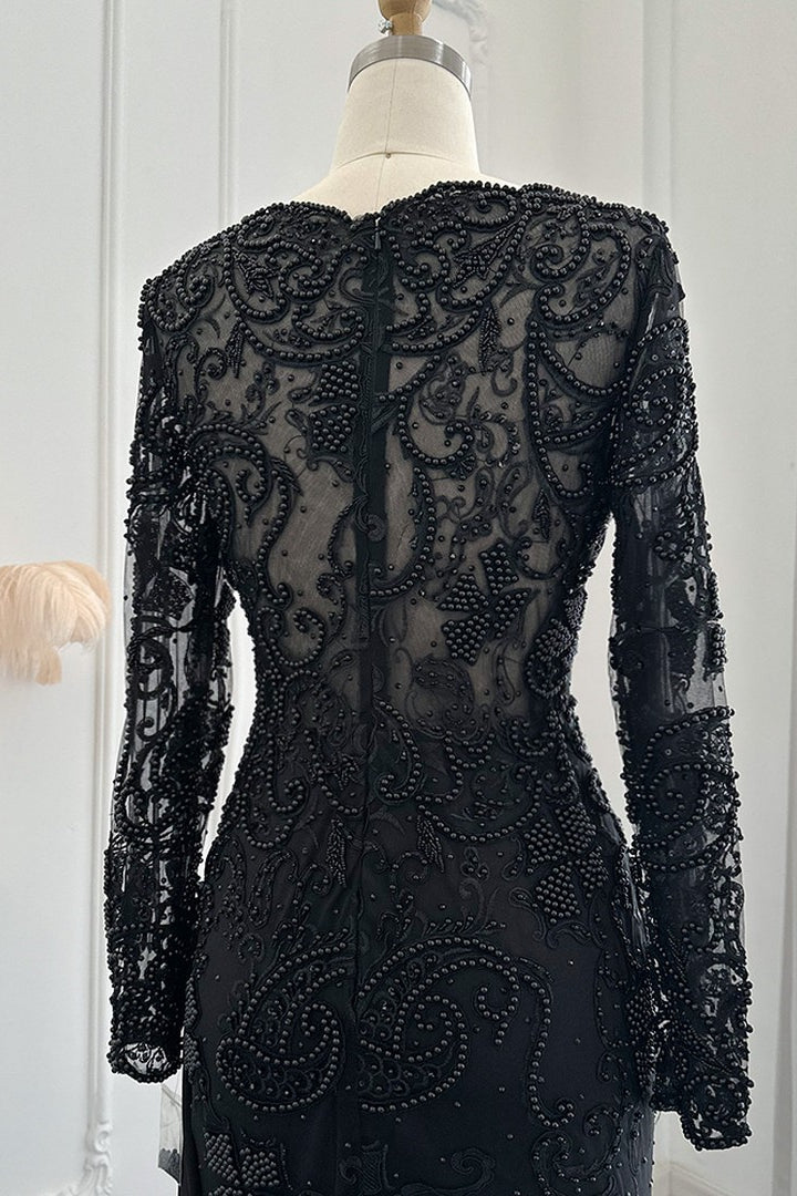 V Neck Mermaid Prom Dress with Appliques, Ruffles, and Long Sleeves - Black-BallBride