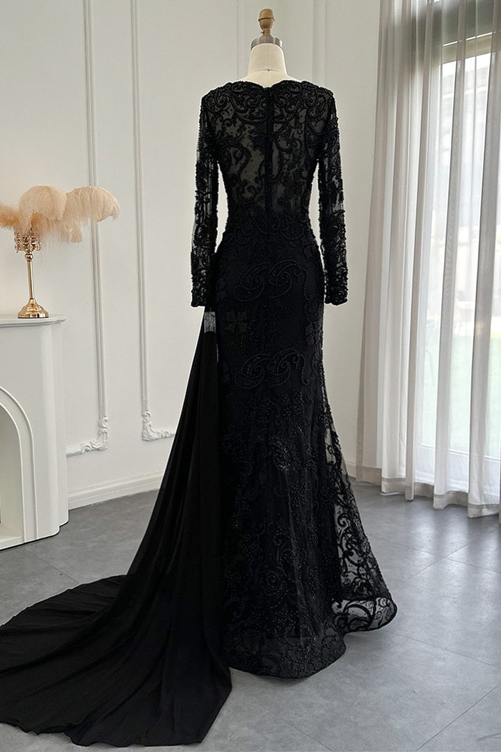 V Neck Mermaid Prom Dress with Appliques, Ruffles, and Long Sleeves - Black-BallBride