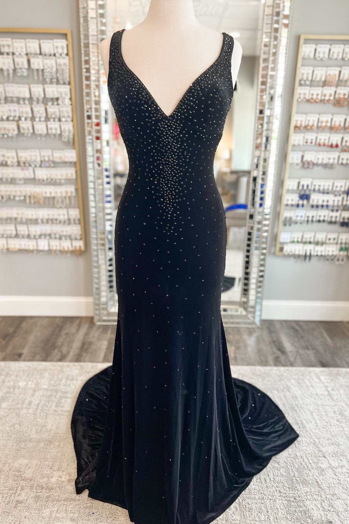 V Neck Mermaid Prom Dress with Diamond Appliques-BallBride