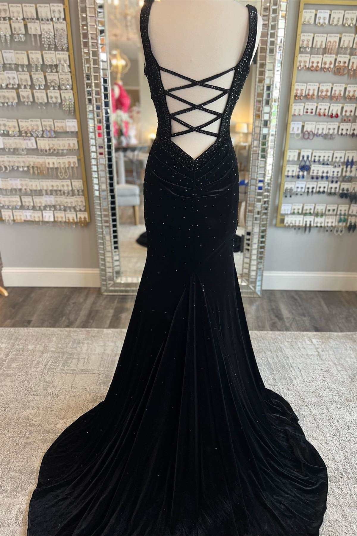 V Neck Mermaid Prom Dress with Diamond Appliques-BallBride