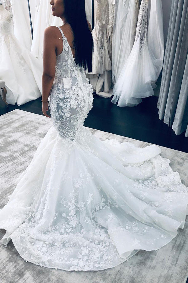 V-neck Mermaid Wedding Dress with Floral Bearings Straps-BallBride