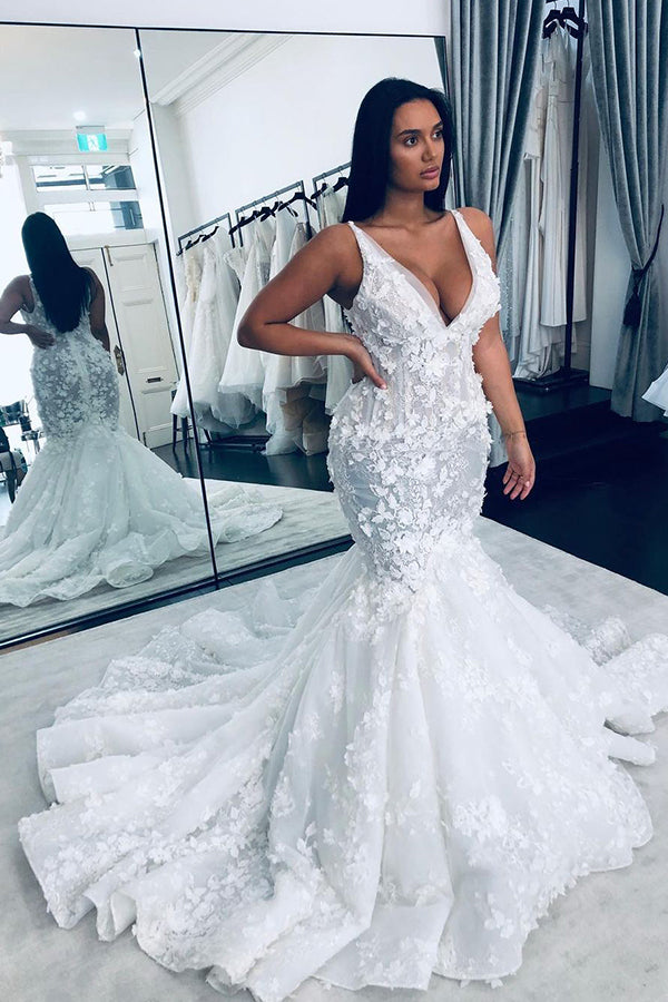 V-neck Mermaid Wedding Dress with Floral Bearings Straps-BallBride