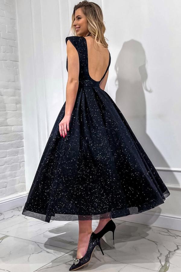 V Neck Open Back Long A Line Draped Tulle Prom Dress with Sequins-BallBride