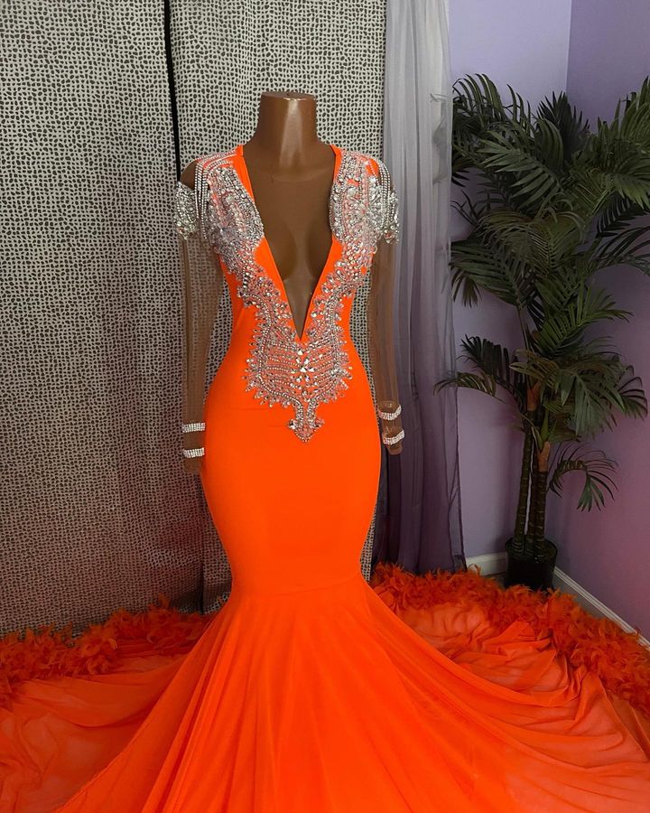 V-Neck Prom Dress With Crystals and Feathers - Classic Orange Long Sleeves Mermaid-BallBride