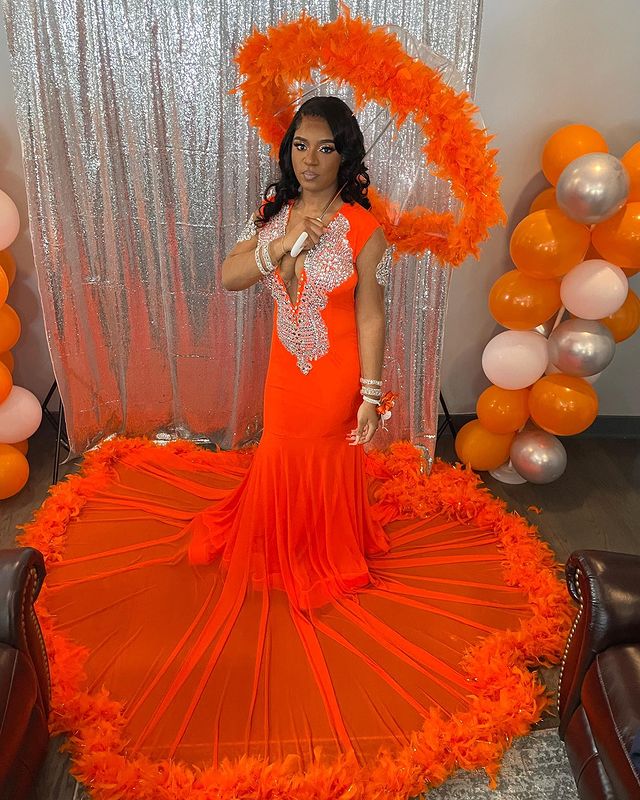 V-Neck Prom Dress With Crystals and Feathers - Classic Orange Long Sleeves Mermaid-BallBride