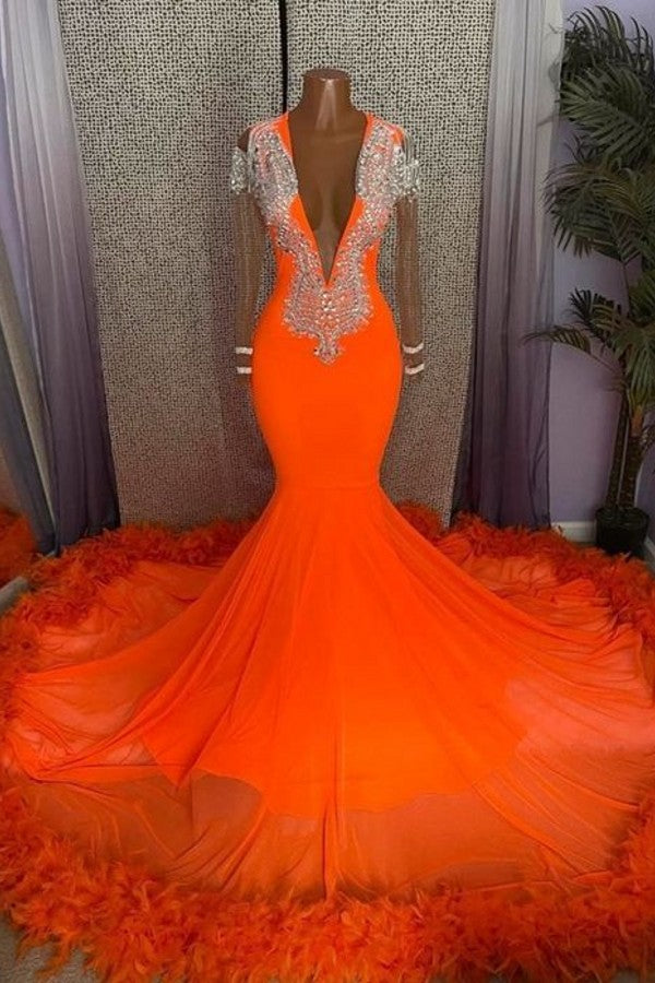 V-Neck Prom Dress With Crystals and Feathers - Classic Orange Long Sleeves Mermaid-BallBride
