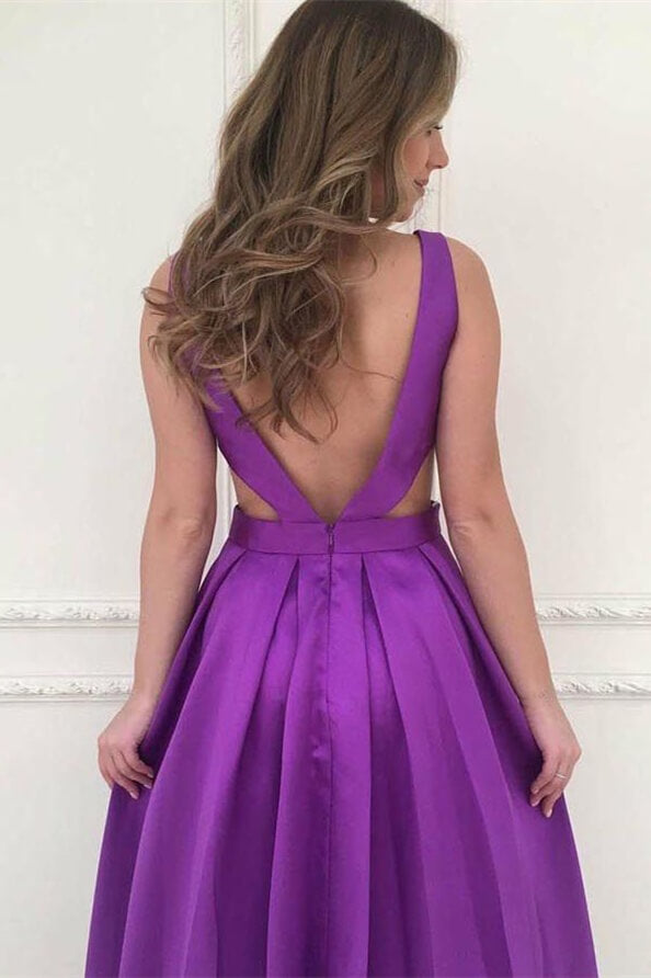 V Neck Purple A-Line Sleeveless Prom Dress with Pockets-BallBride