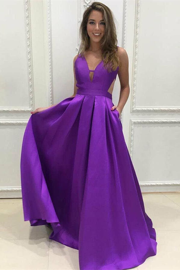 V Neck Purple A-Line Sleeveless Prom Dress with Pockets-BallBride