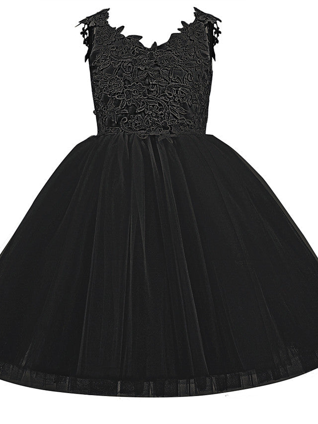 V Neck Short Length Flower Girl Dress with Bow Appliques in Taffeta Tulle-BallBride