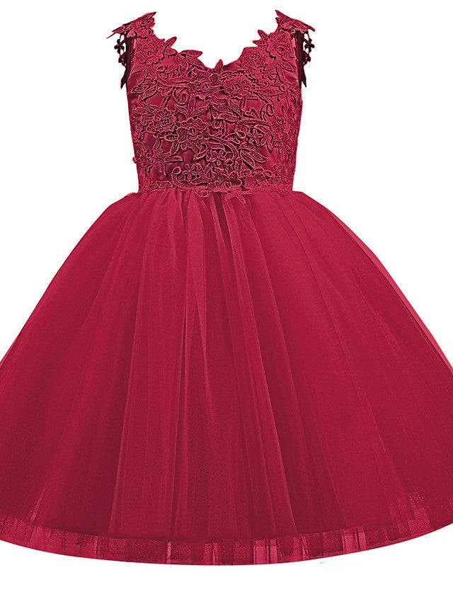 V Neck Short Length Flower Girl Dress with Bow Appliques in Taffeta Tulle-BallBride