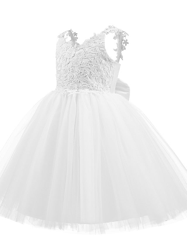 V Neck Short Length Flower Girl Dress with Bow Appliques in Taffeta Tulle-BallBride