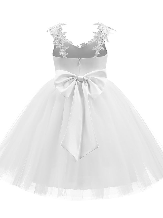 V Neck Short Length Flower Girl Dress with Bow Appliques in Taffeta Tulle-BallBride