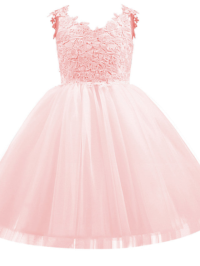 V Neck Short Length Flower Girl Dress with Bow Appliques in Taffeta Tulle-BallBride
