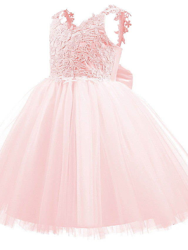 V Neck Short Length Flower Girl Dress with Bow Appliques in Taffeta Tulle-BallBride