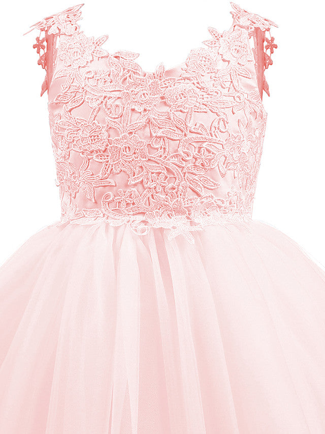 V Neck Short Length Flower Girl Dress with Bow Appliques in Taffeta Tulle-BallBride