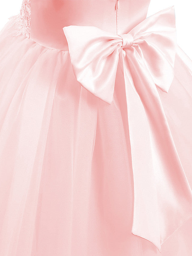 V Neck Short Length Flower Girl Dress with Bow Appliques in Taffeta Tulle-BallBride