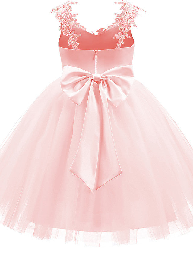 V Neck Short Length Flower Girl Dress with Bow Appliques in Taffeta Tulle-BallBride
