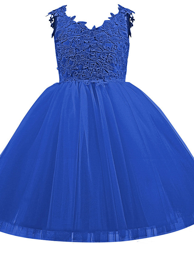 V Neck Short Length Flower Girl Dress with Bow Appliques in Taffeta Tulle-BallBride