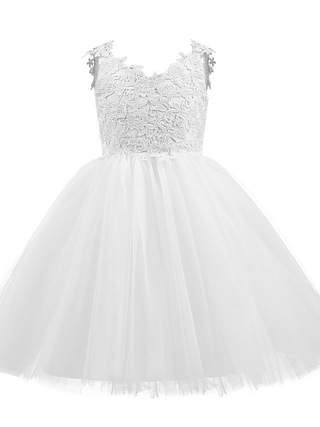 V Neck Short Length Flower Girl Dress with Bow Appliques in Taffeta Tulle-BallBride