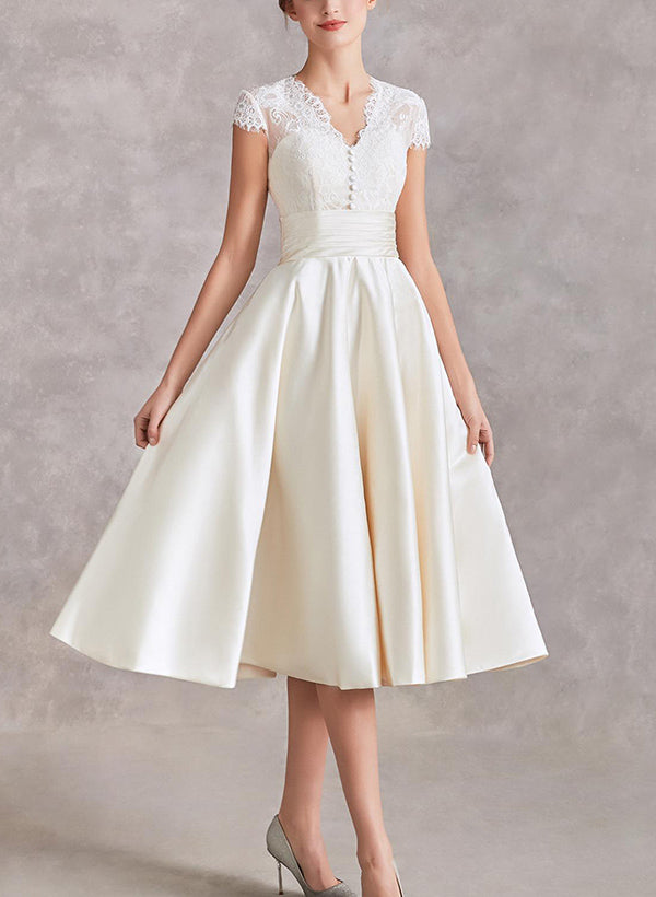 V-Neck Short Sleeves Tea-Length Satin Wedding Dresses Lace-Ballbride