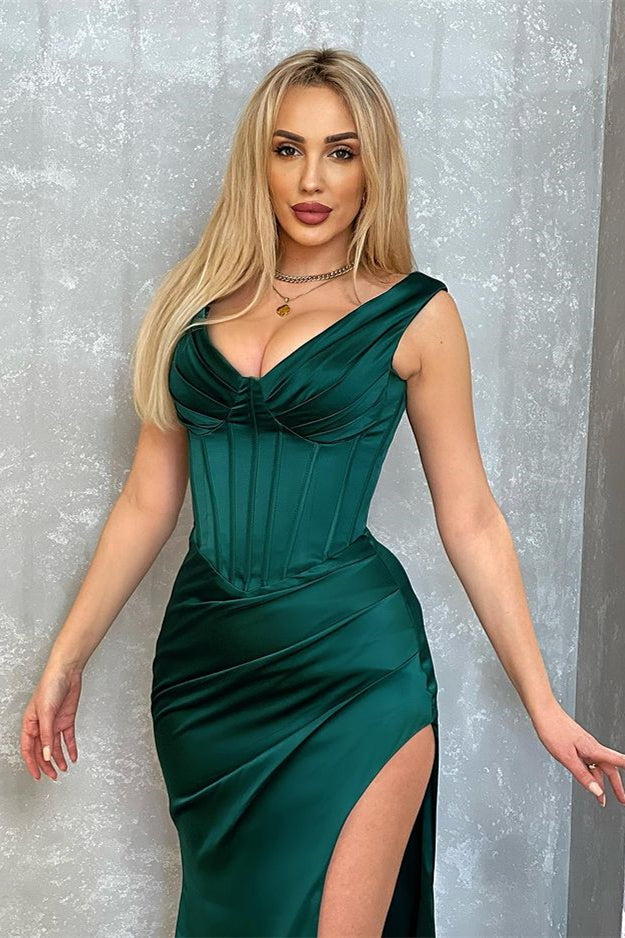 V-Neck Sleeveless Evening Dress ¡§C Dark Green Mermaid With Split-BallBride