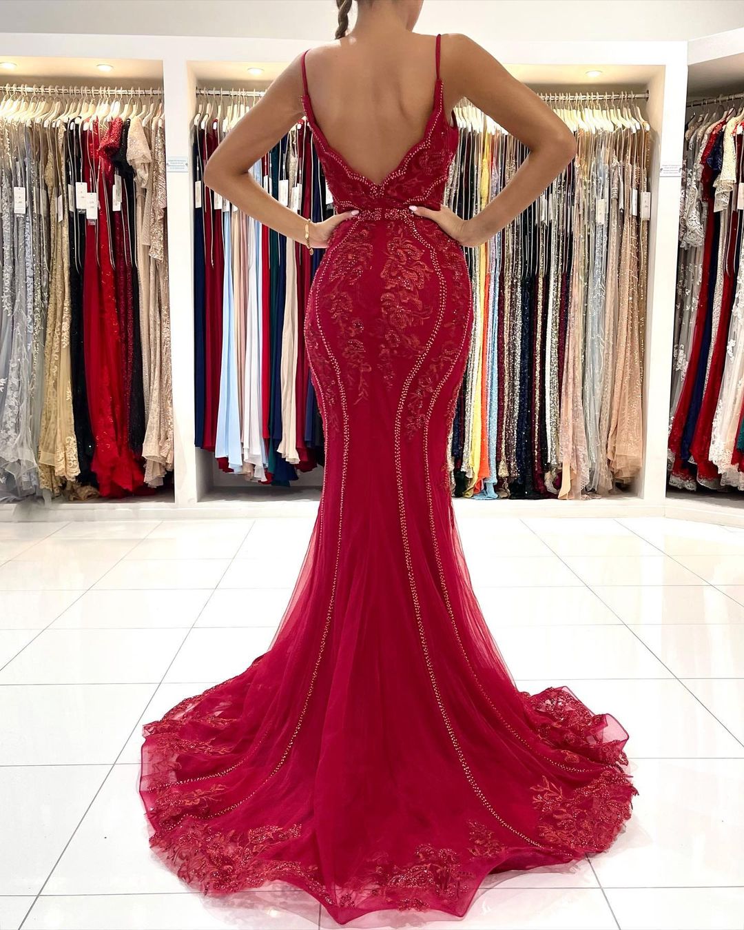 V-Neck Sleeveless Red Prom Dress with Lace Appliques-BallBride