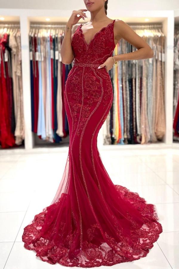V-Neck Sleeveless Red Prom Dress with Lace Appliques-BallBride