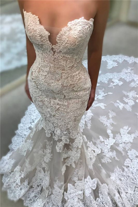 V-Neck Strapless Long Backless Mermaid Lace Appliques Wedding Dress-BallBride
