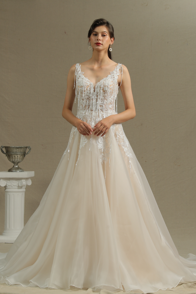 V-Neck Straps A-Line Backless Wedding Dress with Appliques-BallBride