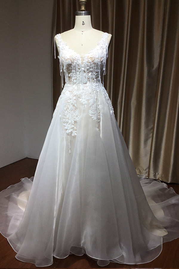 V-Neck Straps A-Line Backless Wedding Dress with Appliques-BallBride