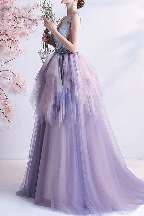 V-Neck Tulle Layered Prom Dress With Beads Online - Sleeveless Long-BallBride