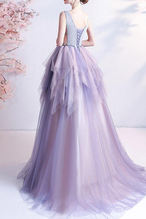 V-Neck Tulle Layered Prom Dress With Beads Online - Sleeveless Long-BallBride