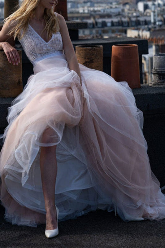 V-Neck Tulle Sleeveless Wedding Dress for the Beach-BallBride