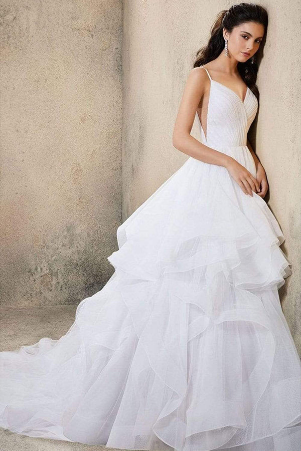 V-Neck Wedding Dress with Ruffles Tulle & Spaghetti Straps-BallBride