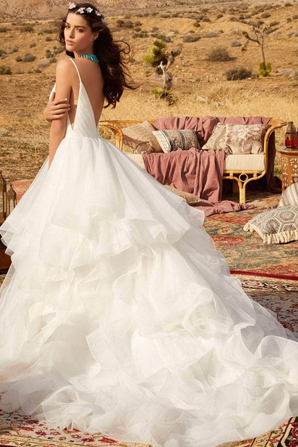 V-Neck Wedding Dress with Ruffles Tulle & Spaghetti Straps-BallBride
