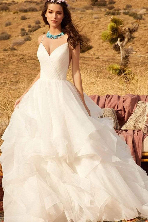 V-Neck Wedding Dress with Ruffles Tulle & Spaghetti Straps-BallBride