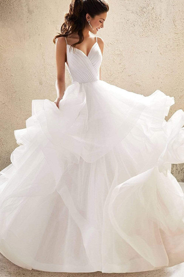V-Neck Wedding Dress with Ruffles Tulle & Spaghetti Straps-BallBride