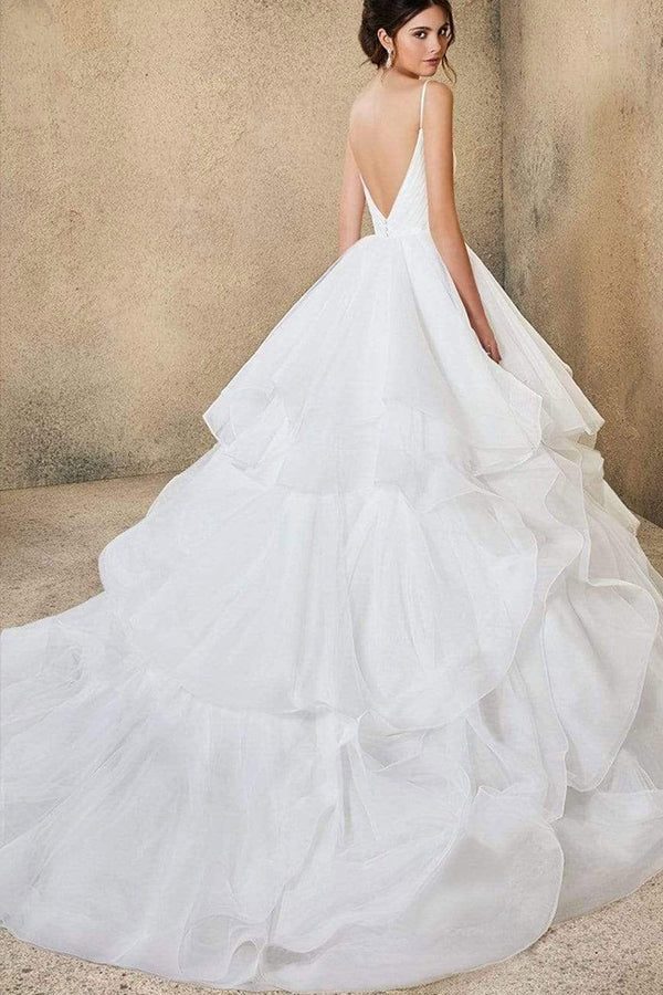 V-Neck Wedding Dress with Ruffles Tulle & Spaghetti Straps-BallBride
