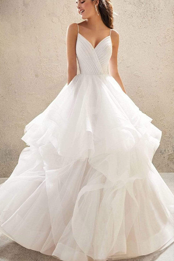 V-Neck Wedding Dress with Ruffles Tulle & Spaghetti Straps-BallBride